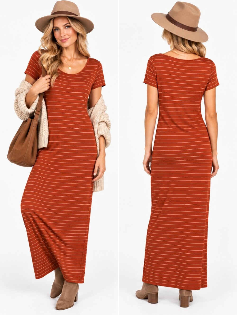 Calvin Klein Striped Maxi Dress Women's 4 Rust Orange Short Sleeve Scoop Neck